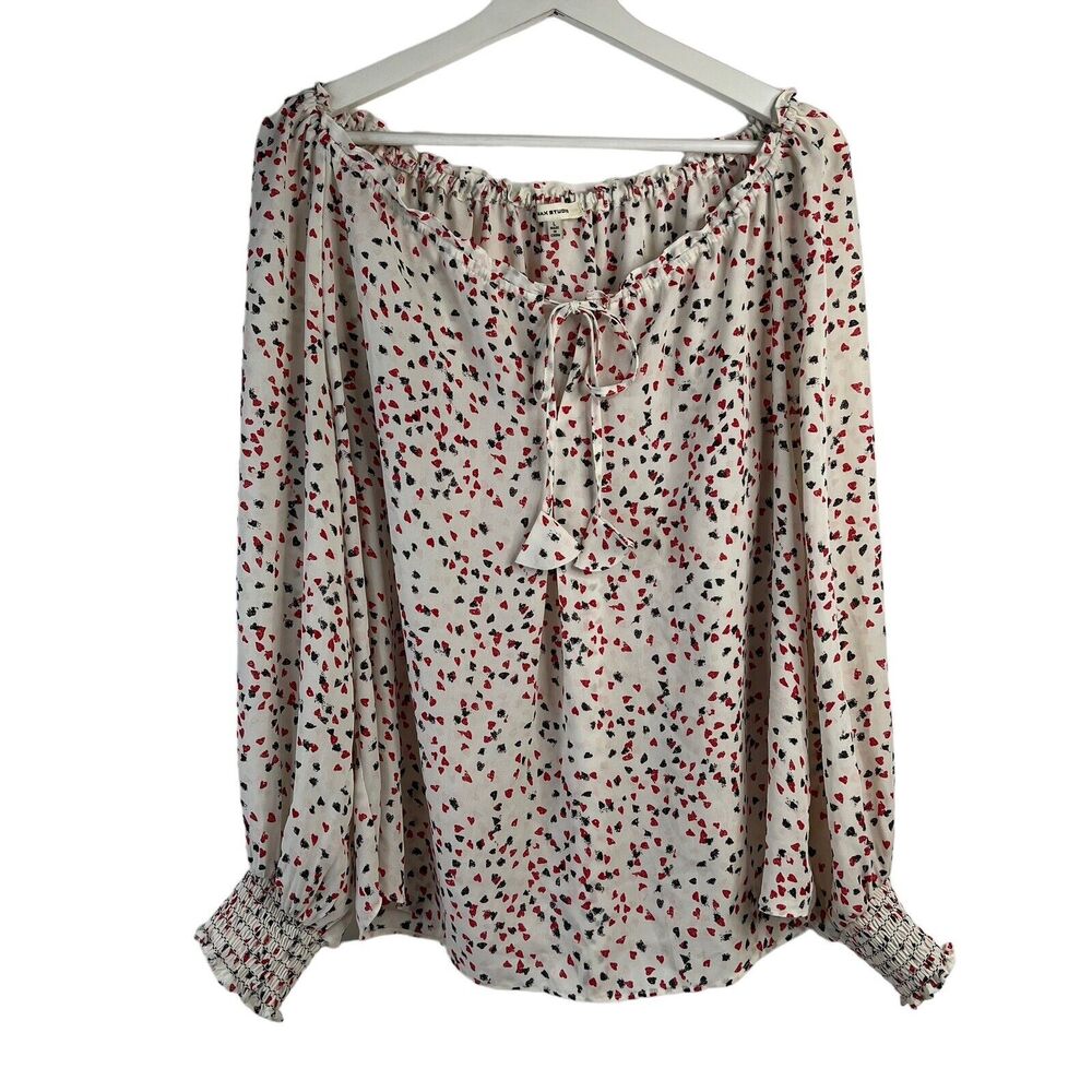 Max Studio Size L Blouse Heart Polka Dot Keyhole Tie Front‎ Smocked Long Sleeve